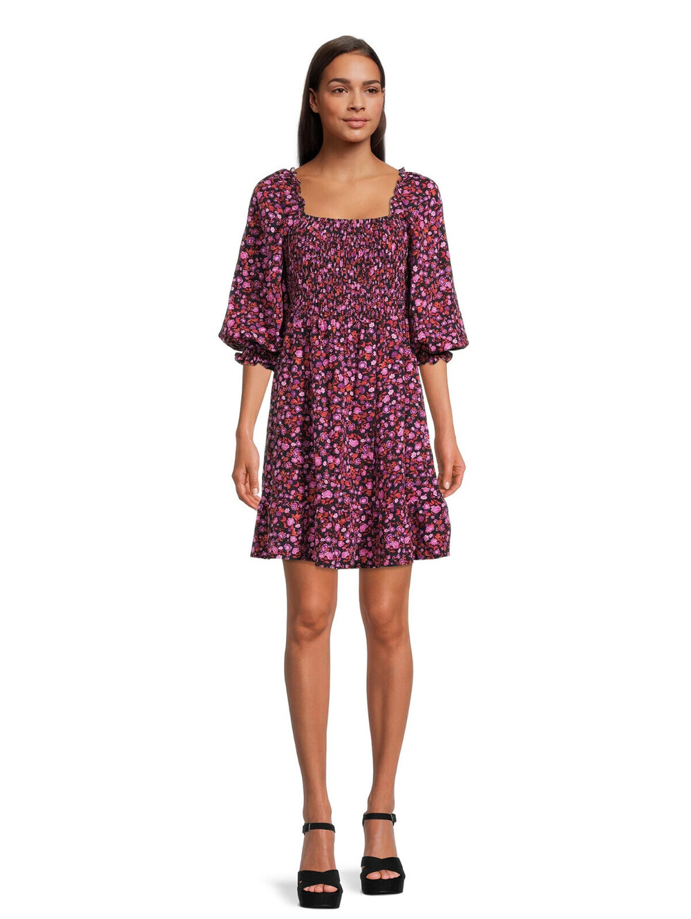Womans Size Large XL The Get Smocked Bodice Floral Midi Puffy Sleeve Dress #125